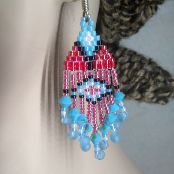 JRW Handmade Turquoise Red Swarovski Earrings - Picture 4 of 6